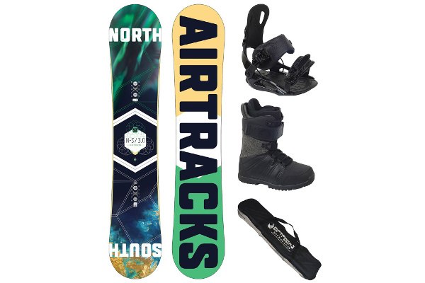 Mejores tablas de snowboard para comprar en Tabla North South Wide de Airtracks con fijaciones y botas 